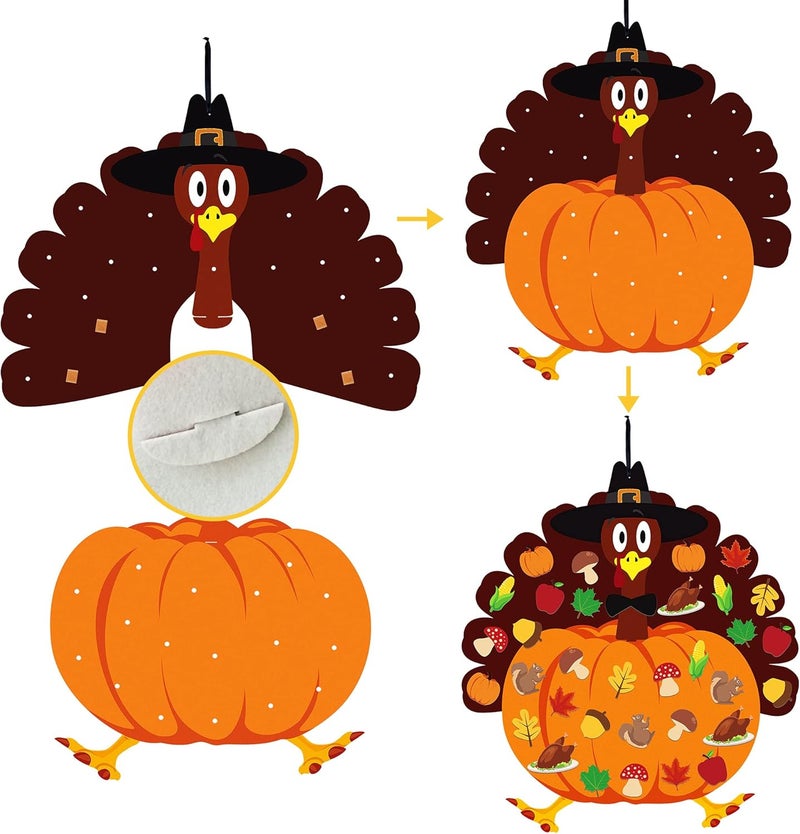 HALOGATE Fall Thanksgiving Felt Craft Kit - DIY Turkey Pumpkin Felt Set with 34 Pcs Detachable Fall Maple Leaves Squirrel Pine Cones Corns Ornaments for Kids Gifts Classroom Craft Thanksgiving Activity - Image 4